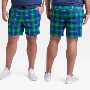 New Plaid Golf Shorts Men 34 Green Blue Tartan 8" All in Motion Quick Dry Preppy